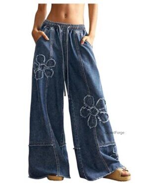 Womens Y2K Baggy Wide Leg Boyfriend Denim Jeans Drawstring Low Rise